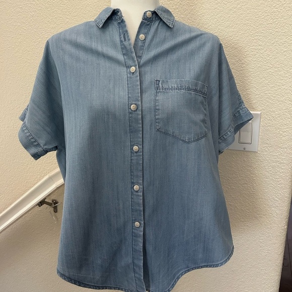 Madewell Denim Short-Sleeve Tie-Front Shirt in Hillford Wash Blue Sz S oversized - Picture 6 of 14